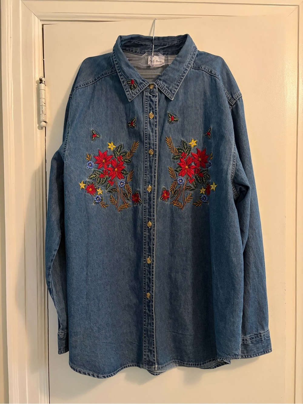 Bobbie Brooks Denim Embroidered Floral 100% Cotton Button Down Shirt Size XL